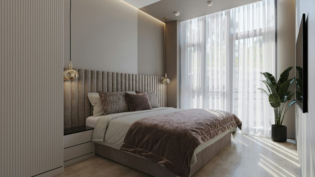 a bedroom with a bed and a large window