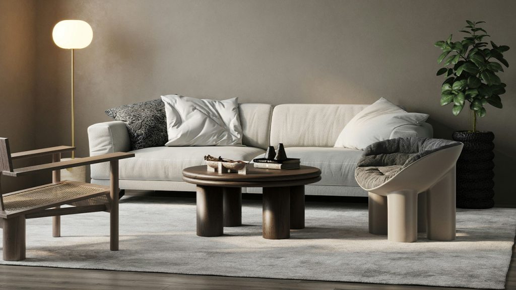 a living room with a couch, chair and table