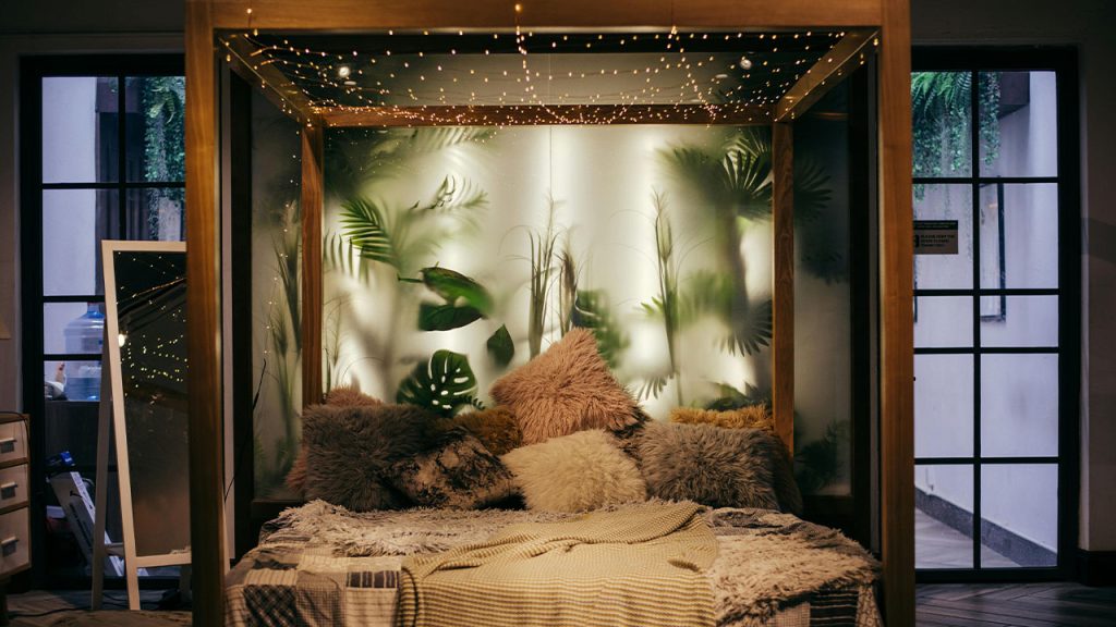 String Lights Hanged on Bed Frame