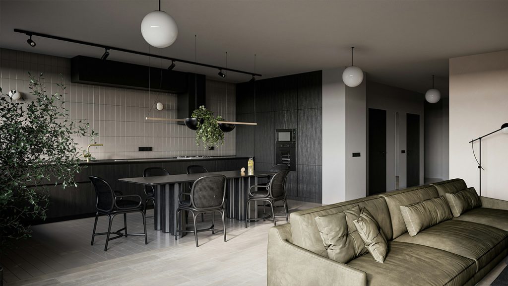 a living room filled with furniture and a bar