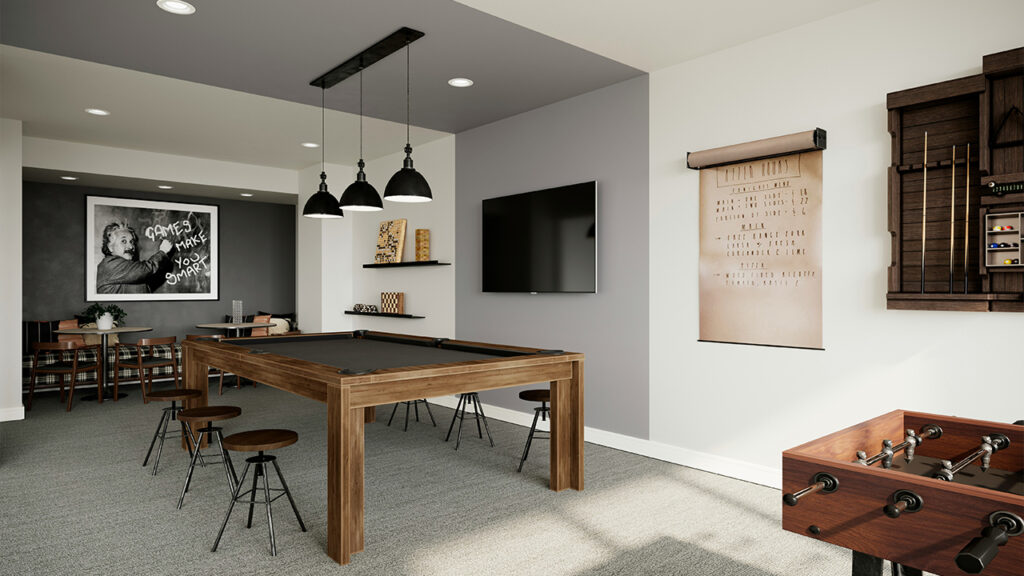 a game room with a pool table and foo foo