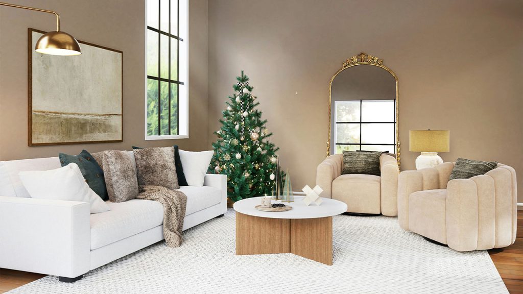 white sofa near green christmas tree