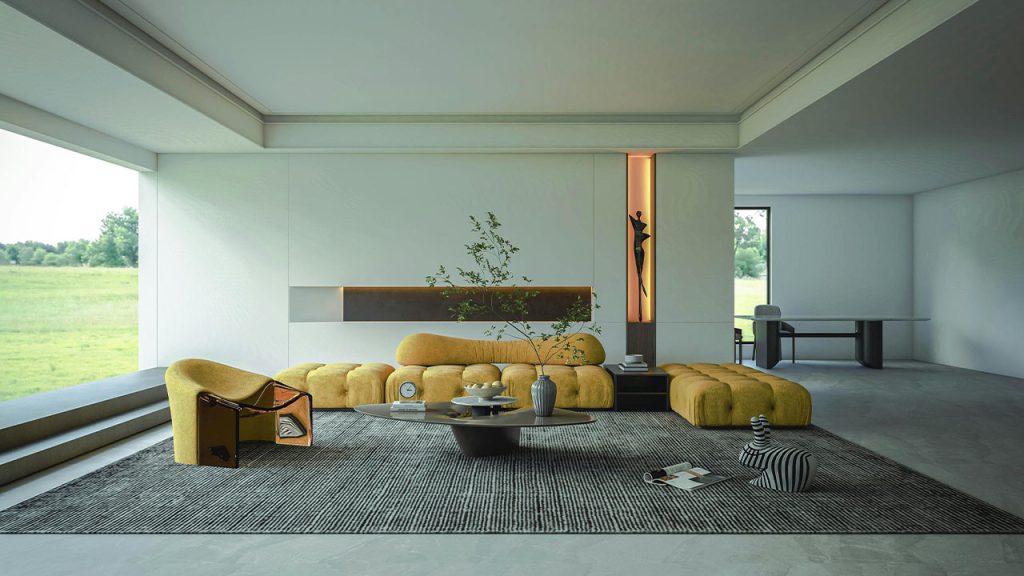 Yellow Couch and Armchair in a Modern Living Room