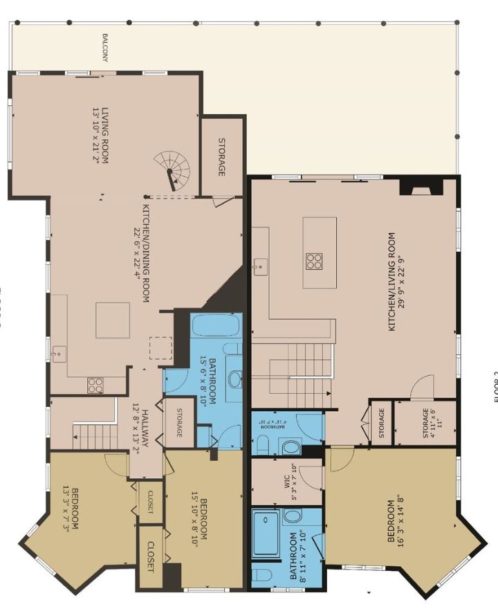A detailed floor plan showcasing an open living area, spacious bedrooms, and a large balcony.