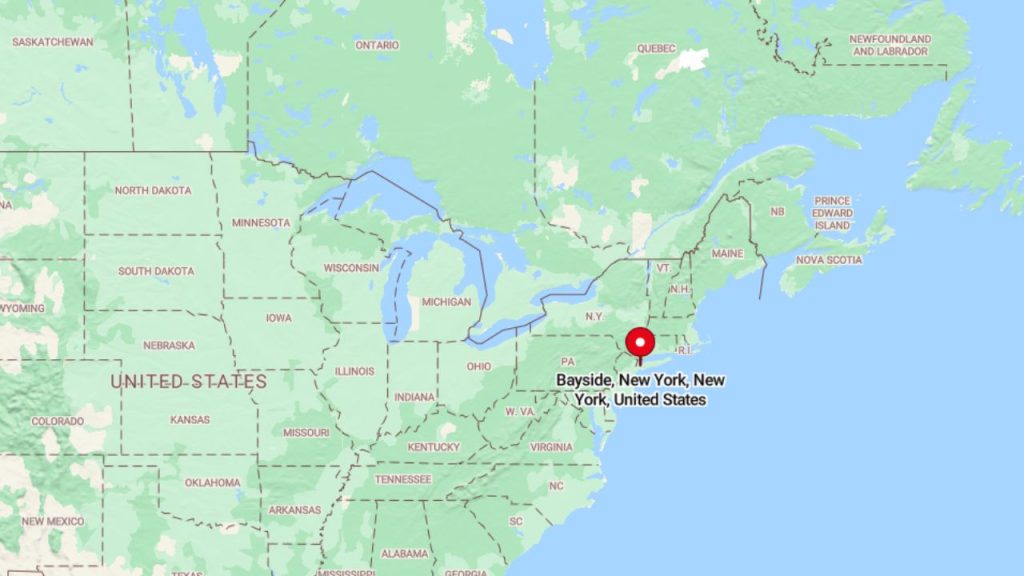 A map highlighting Bayside, New York, located in Queens, New York City.