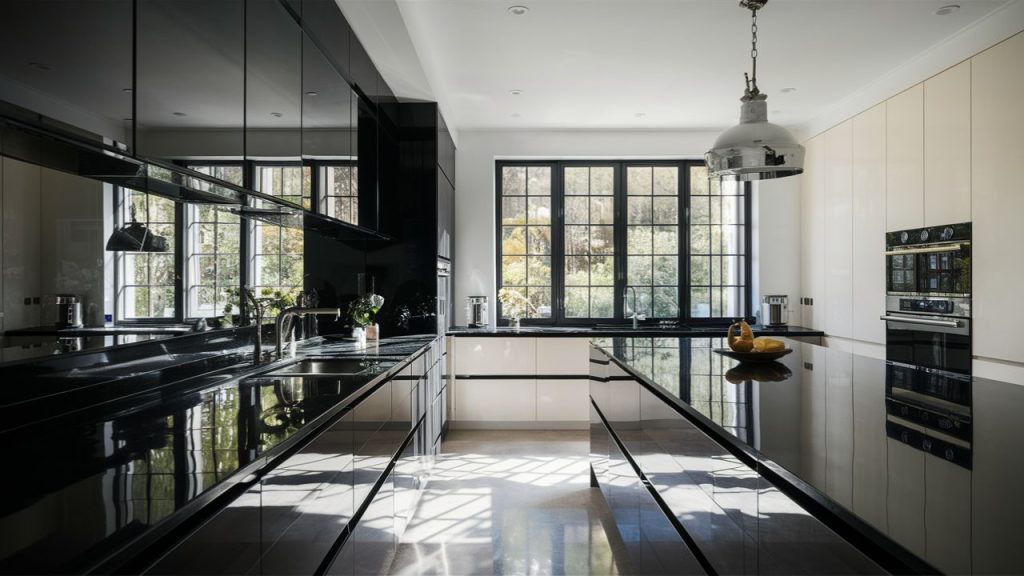 Black Countertops with Glass Backsplash – Reflective surfaces enhance brightness.