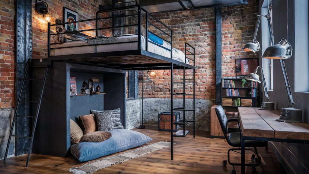 Industrial loft-style boys' bedroom.