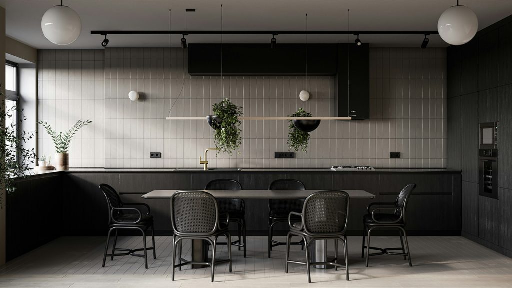 a dining room with a table and chairs