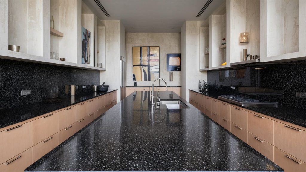 Textured Black Granite with Minimalist Cabinets – Understated elegance.