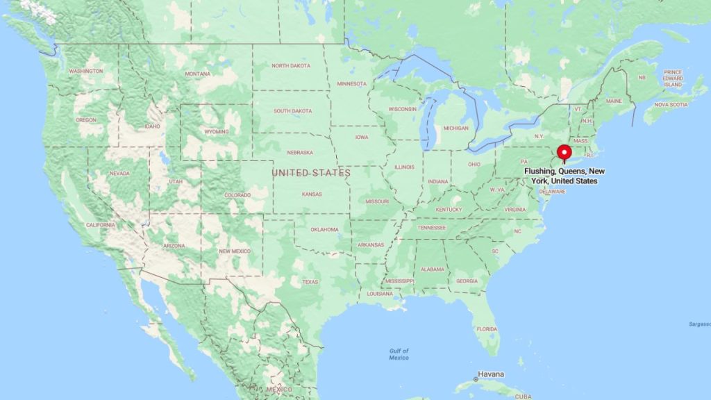 Map of the USA with Flushing, NY highlighted.