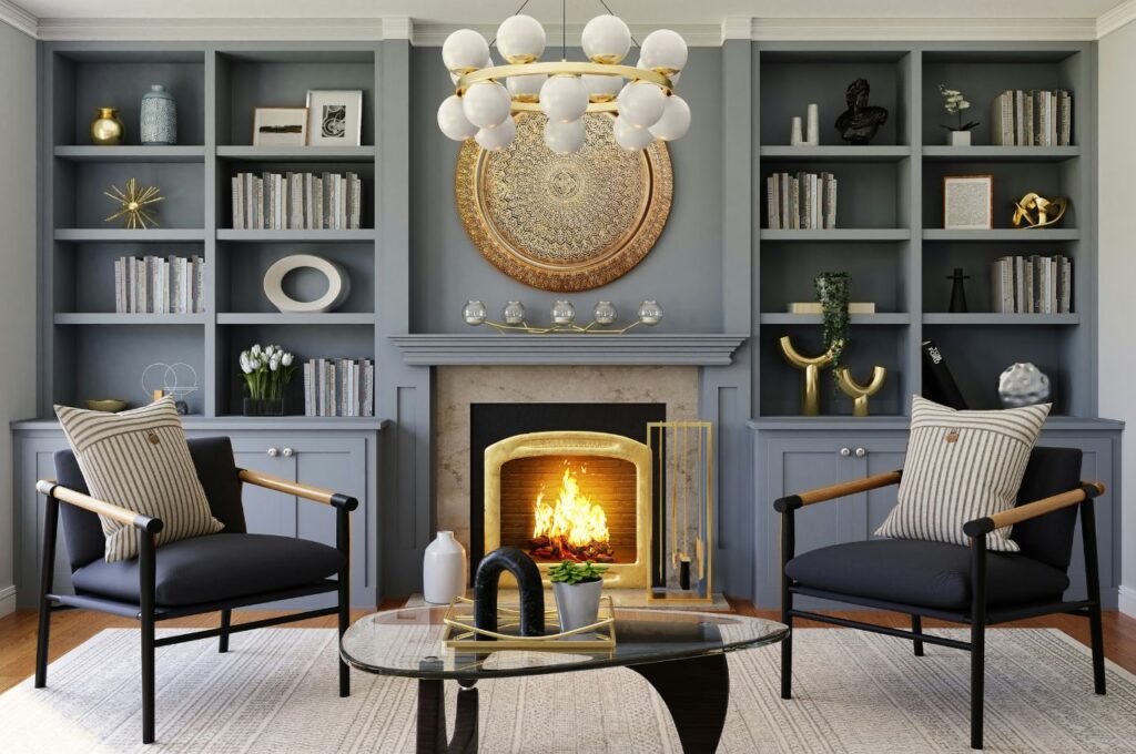 A beautiful sitting room with a fire place and accent chairs.