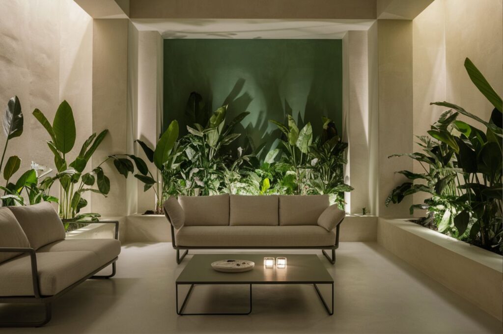 A minimalist biophilic living room with plants.