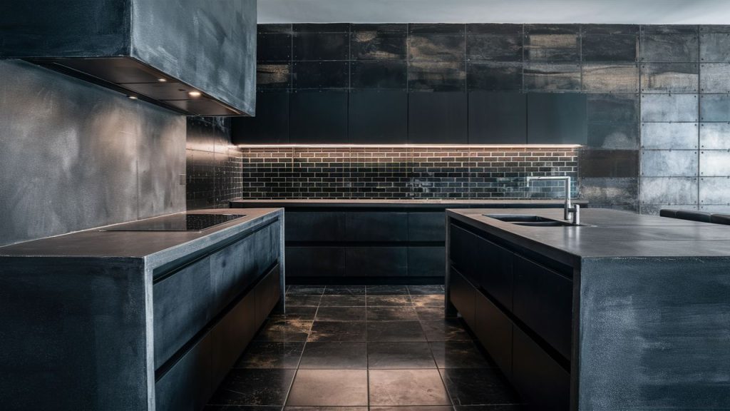 Black Concrete with Waterfall Edge – A bold industrial statement.