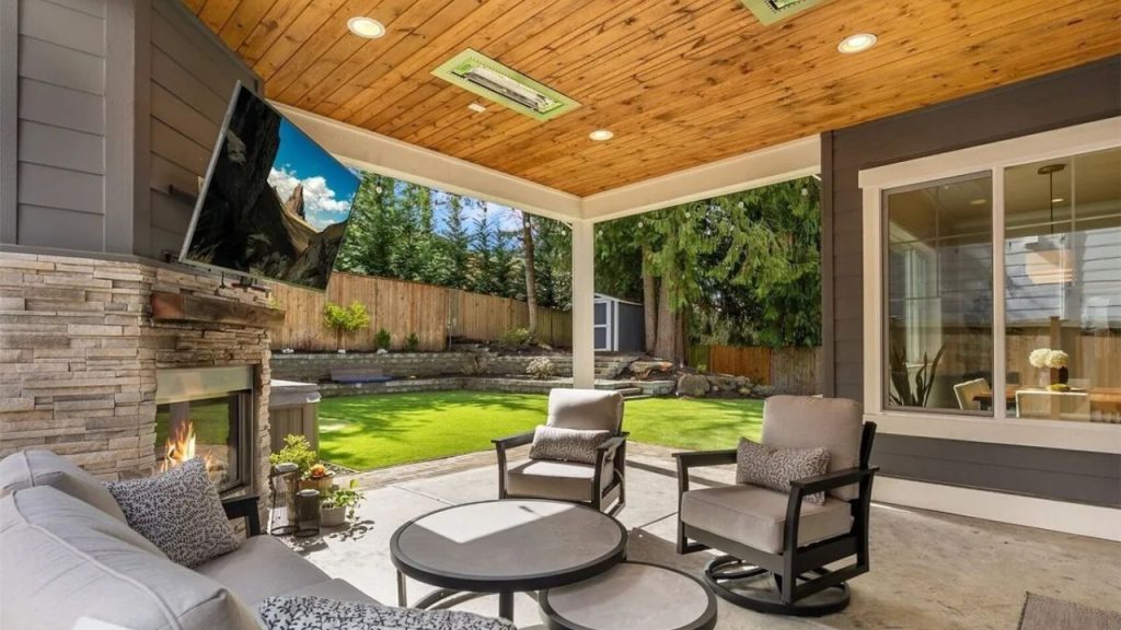 Cozy Covered Patio with a Fireplace