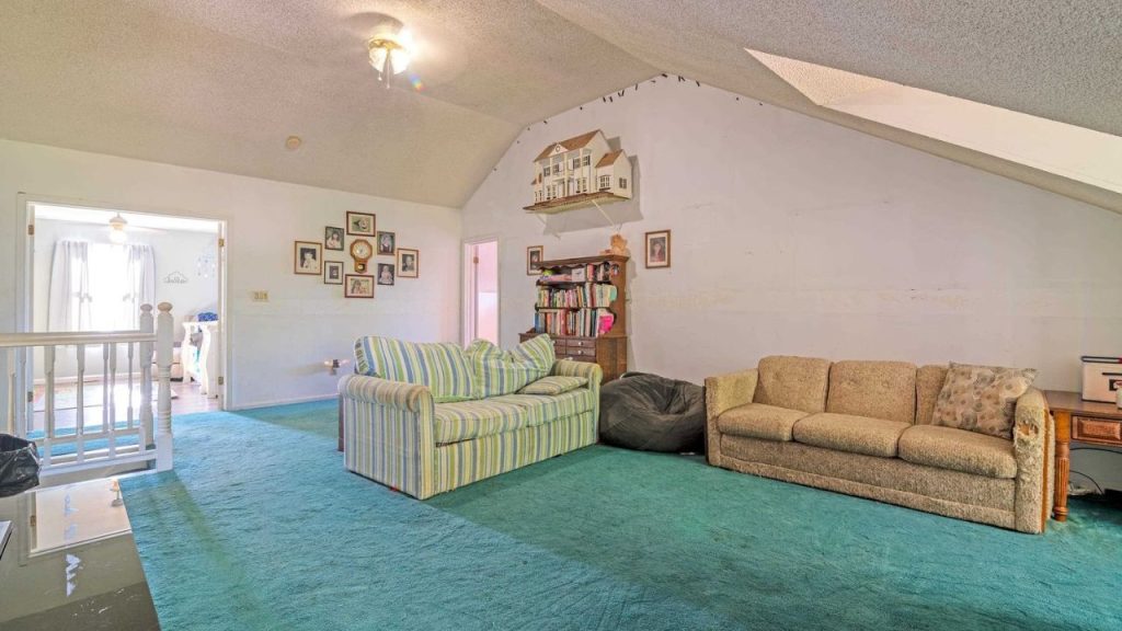 Cozy loft with teal carpet, vintage sofas, and a bookshelf under a sloped ceiling.