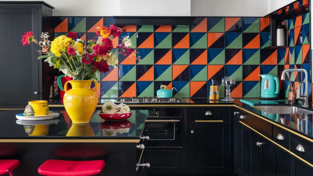 Black Countertops with Pops of Color – Try vibrant red or green accents.