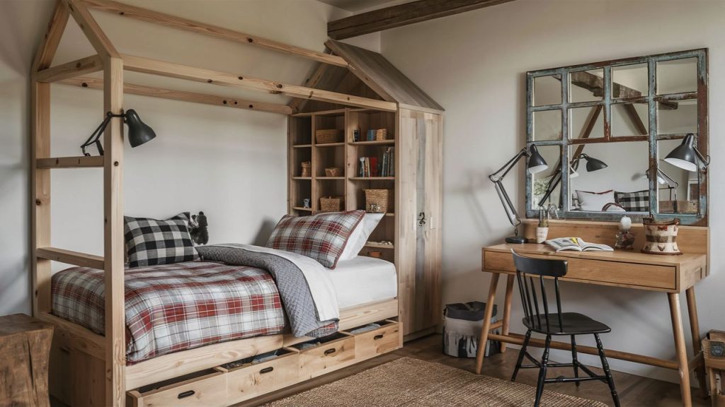 Farmhouse-style boys' bedroom.