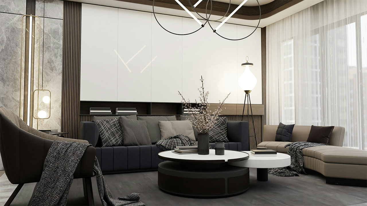 a living room filled with furniture and a lamp