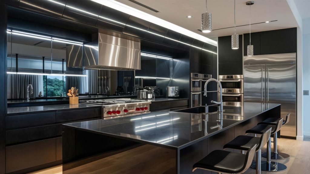 Black Solid Surface with Integrated Sink – A seamless, futuristic design.