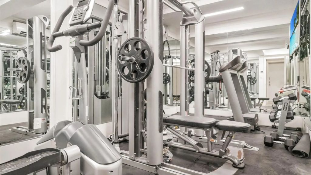 A well-equipped home gym with strength machines, free weights, and mirrored walls.