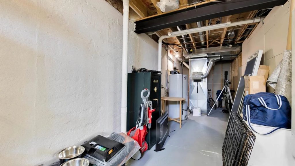 Organized basement with storage, HVAC system, and household essentials.
