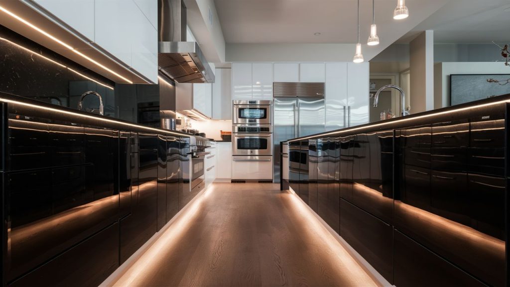 Black Counters with Under-Counter LED Lighting – Enhances the depth and ambiance.