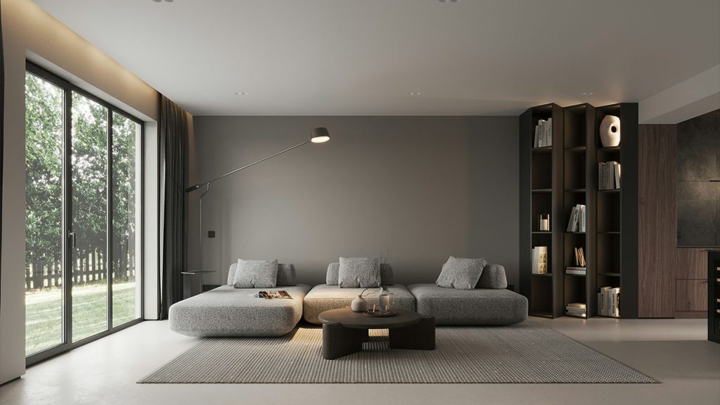 A modern living room with a large window