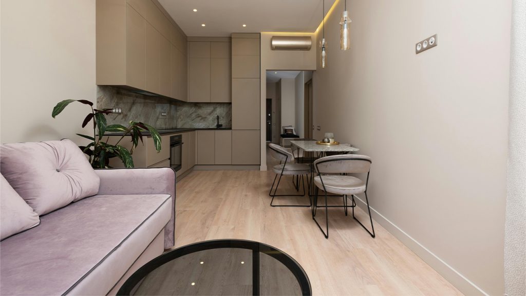 Flat with couch near and open kitchen table with chairs