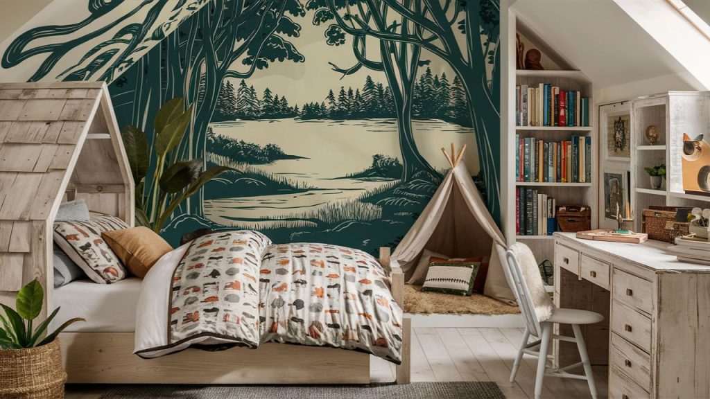 Camping-themed boys' bedroom.