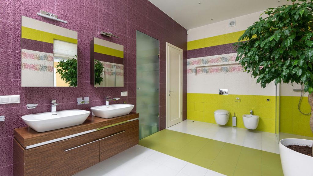 Interior of stylish colourful bathroom with furniture