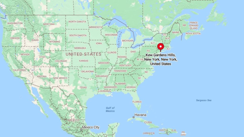 A map highlighting Kew Gardens Hills in Queens, New York.