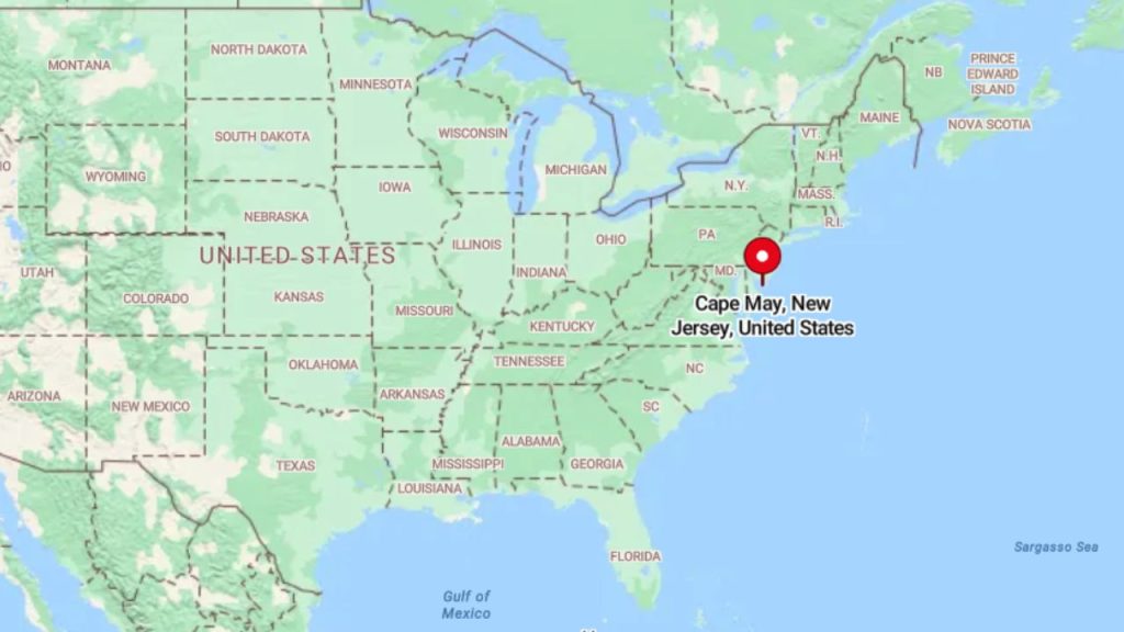 Map of the United States with Cape May, New Jersey, marked as a location.