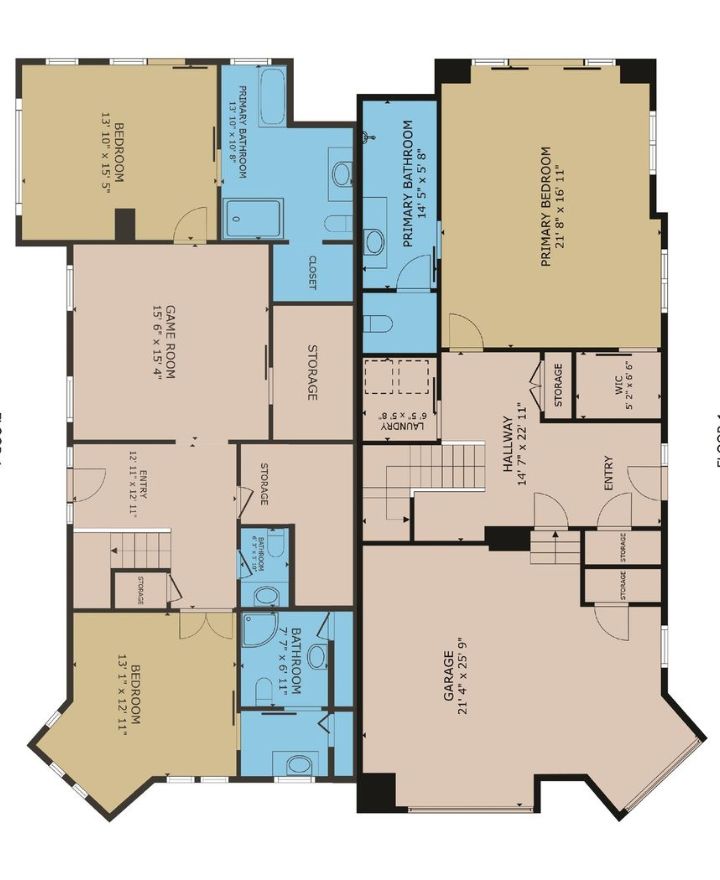 A detailed floor plan featuring bedrooms, a game room, garages, and ample storage space.