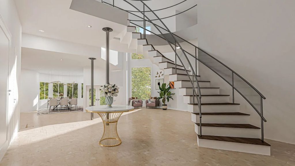 Elegant Grand Foyer with Curved Staircase