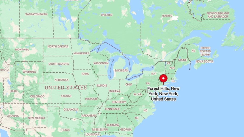 Map showing the location of Forest Hills, New York, in the United States.