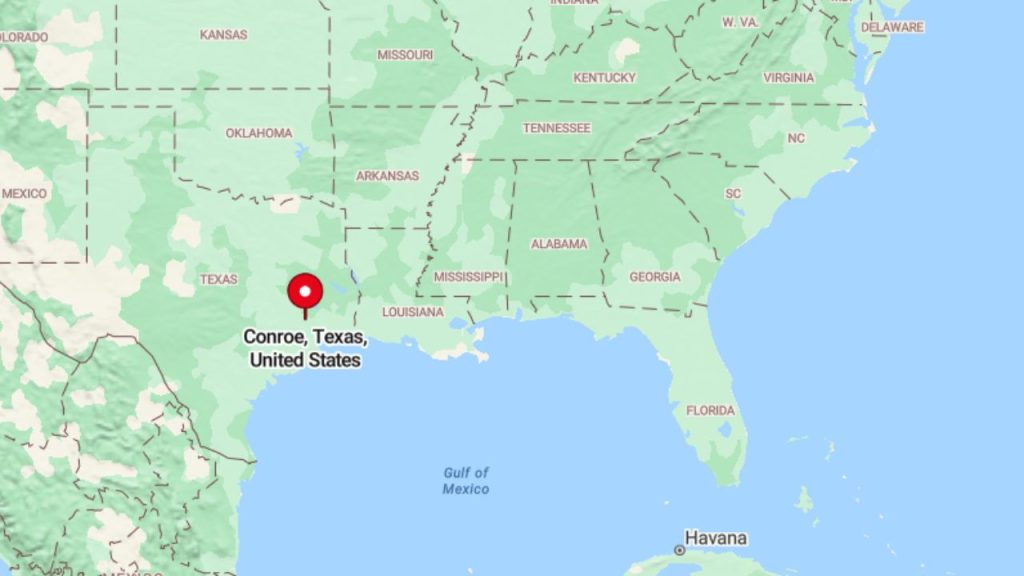 Map highlighting Conroe, Texas, located north of Houston in the southeastern United States.