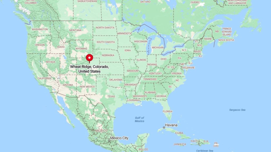 A map highlighting Wheat Ridge, Colorado, near Denver