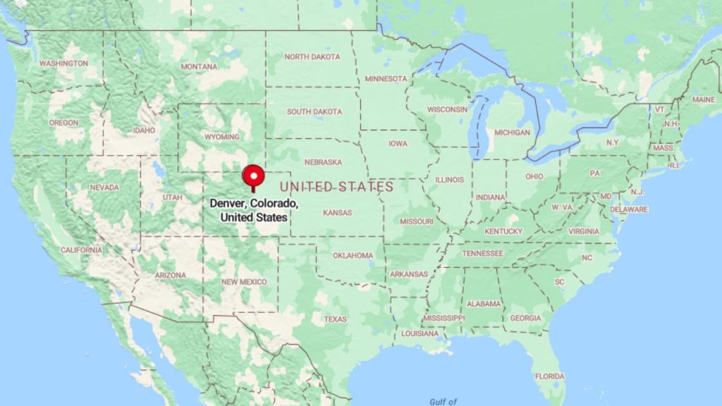 A map of the United States highlighting Denver, Colorado, with a location pin.