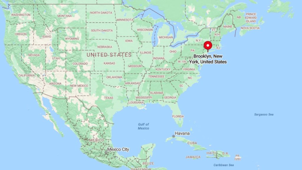 Map showing Brooklyn, New York, marked with a location pin.
