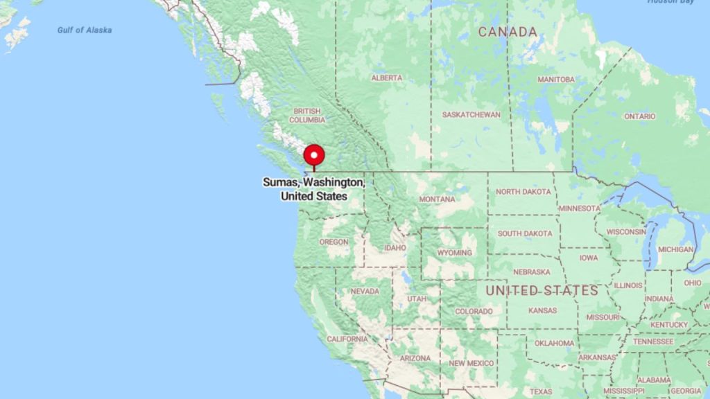 A map highlighting Sumas, Washington, near the U.S.-Canada border.