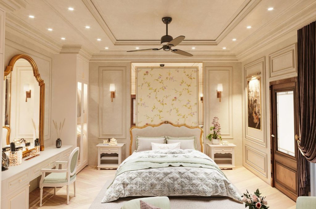 Bedroom with dimmable sconces.