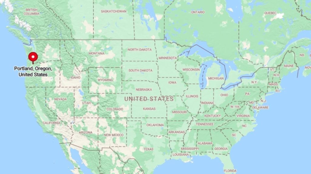 Map showing Portland, Oregon, marked with a red pin in the northwestern United States.
