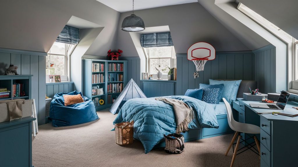 Classic blue and grey boys' bedroom.