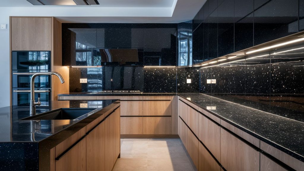 Black kitchen counters.
