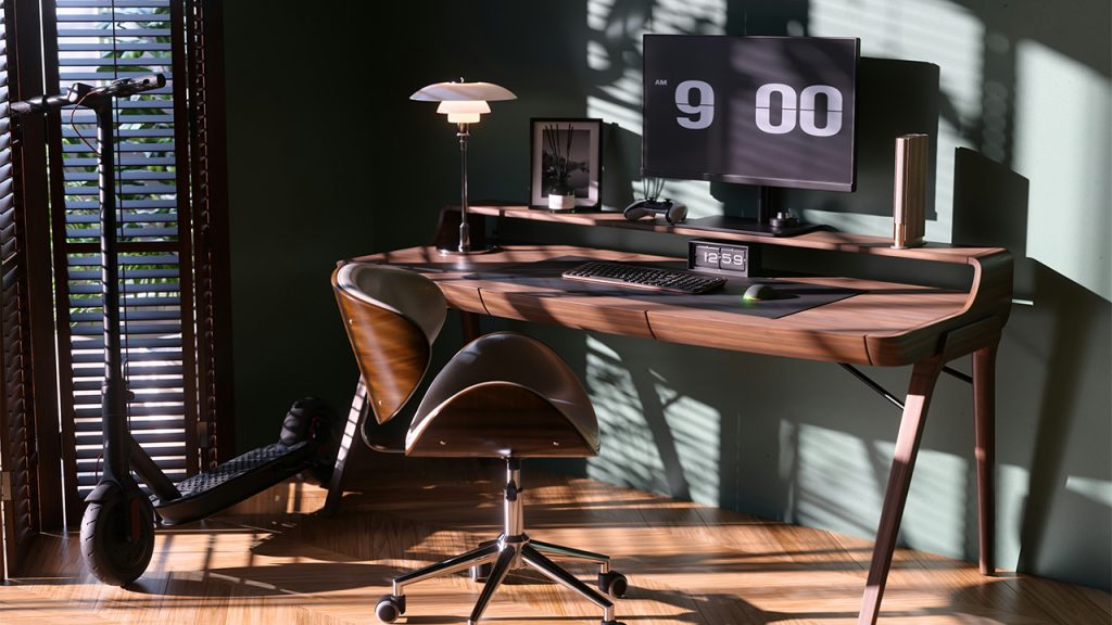 a desk with a computer on top of it
