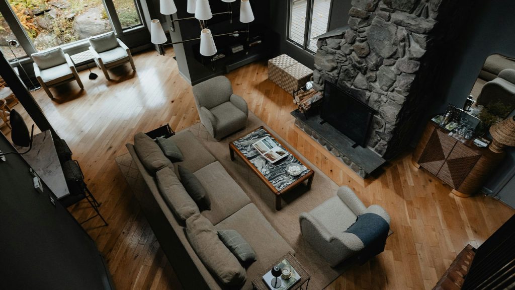 a view of a living room from above