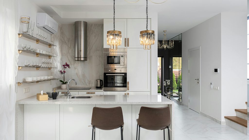 Interior of kitchen with modern furniture