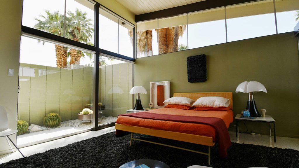 The interior of a single story midecentury home in Palm Springs