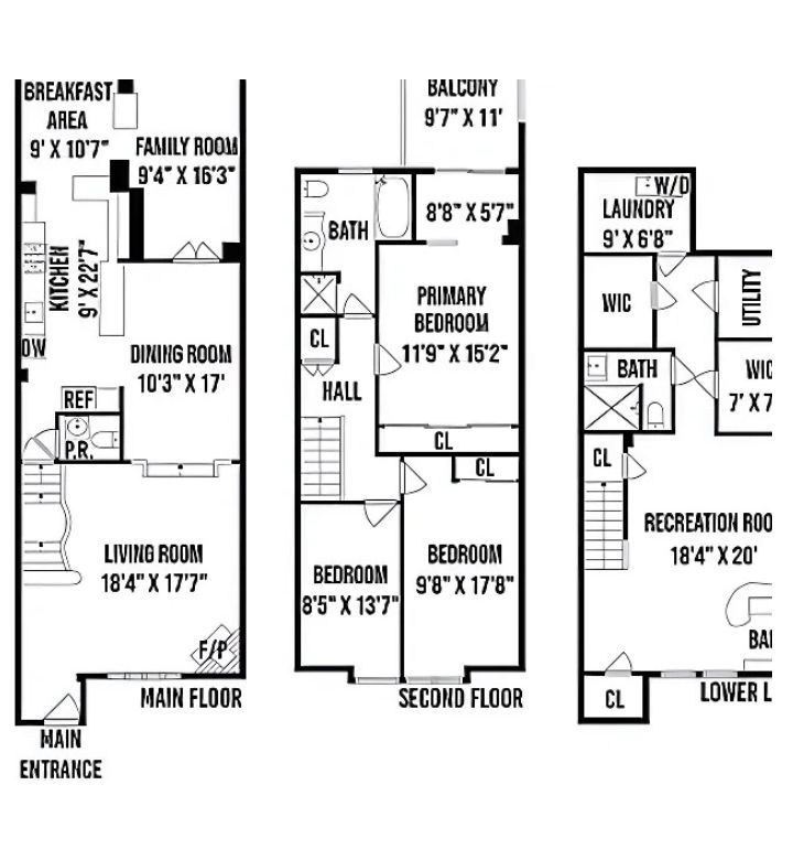 Black-and-white floor plan of a multi-level home featuring bedrooms, living spaces, and utility areas.