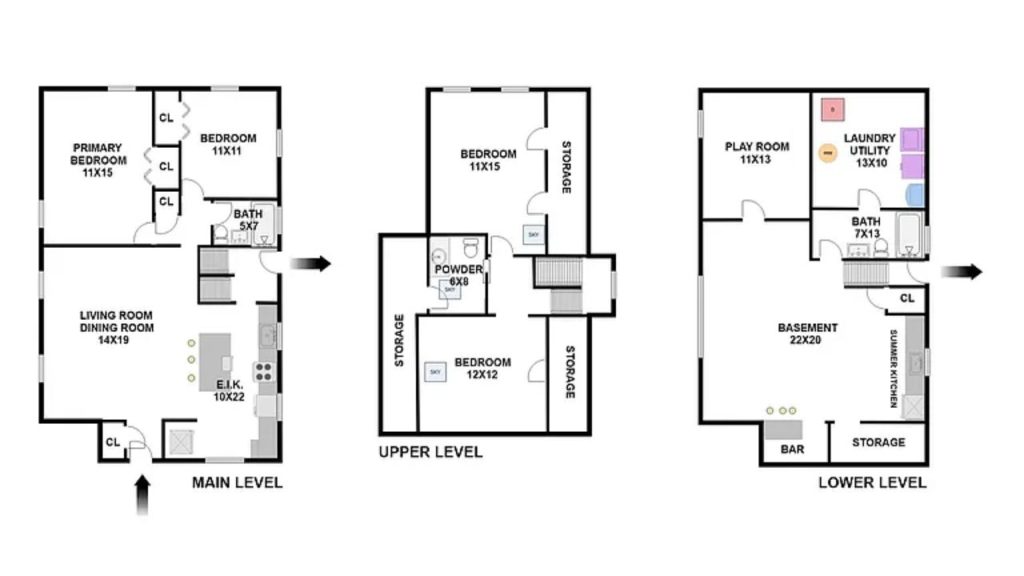 A detailed floor plan of a multi-level home with bedrooms, living areas, and a basement.